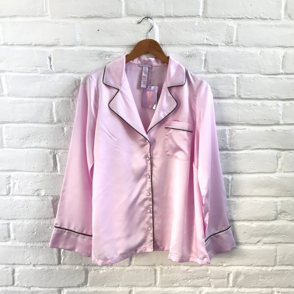 SAVAGE x FENTY Pajama Top Womens XL 14 Pink Satin Cherry Blossom Long Sleeve